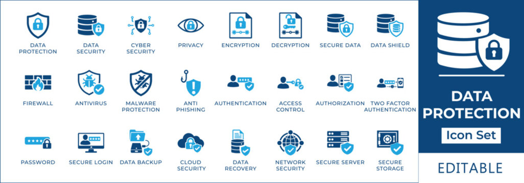 Data protection and cybersecurity icon set featuring encryption, secure data backup, privacy shield, firewall, antivirus, two-factor authentication, and network security symbols.