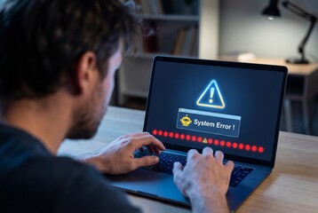 Man experiencing a system error on his laptop computer at home
