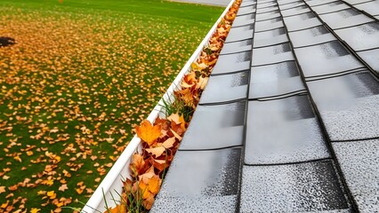 Close up of wet metal roof gutter filled with autumn leaves on frosty morning