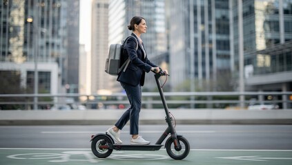 Businesswoman Riding Electric Scooter to Work in City. Represents eco-friendly transport, urban mobility, and modern commuting.
