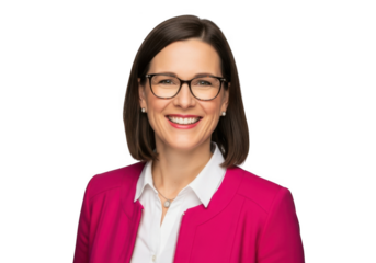 Professional woman in pink blazer isolated on transparent background
