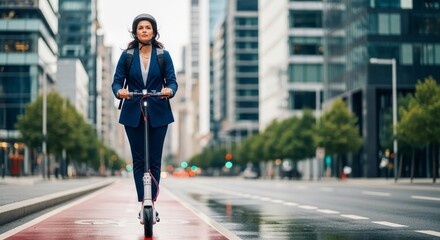 Businesswoman Riding Electric Scooter to Work in City. Represents eco-friendly transport, urban mobility, and modern commuting.
