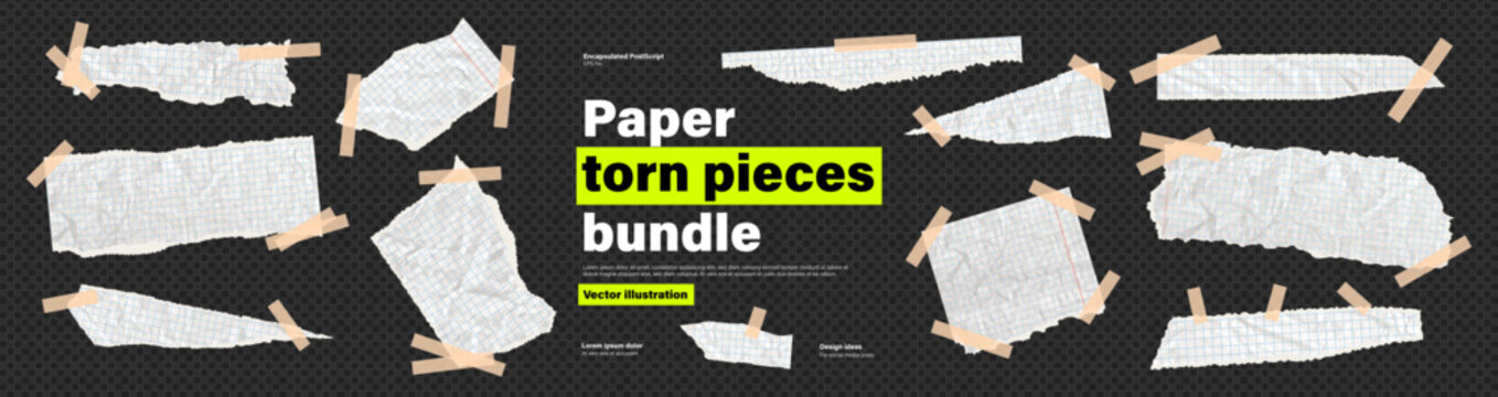 Set of torn white cardboard sheets. Bundle of rip paper glued to a piece of sticky tape or beige scotch tape. Vector kit on like transparent png bg for scrapbook or collage projects.