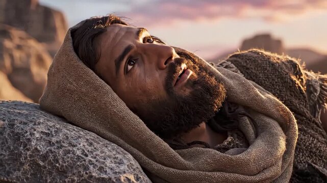 Jacob the biblical figure waking up on a stone pillow. Ancient Middle Eastern man lifting his head and looking up in a rocky desert at sunrise. Religious concept of a divine vision in Genesis