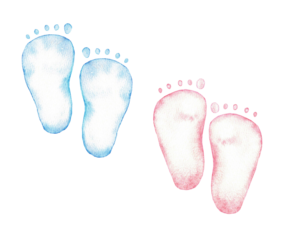 Watercolor blue and pink baby footprints. Hand drawn. For gender reveal party, baby shower, baptism, birthday, boy or girl party. Isolated illustration