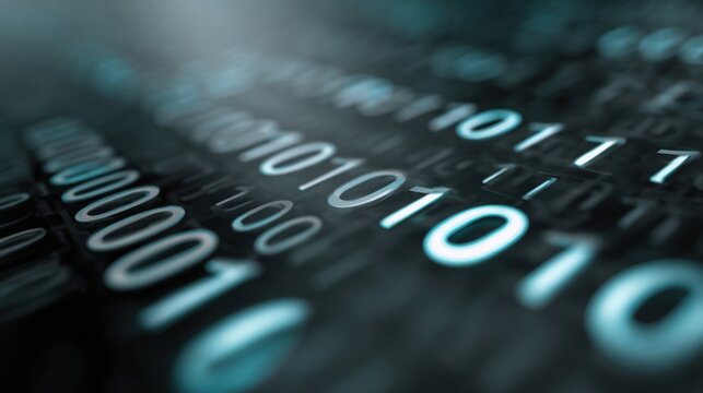 Close-up of glowing binary digits on dark surface. Zeros and ones forming abstract digital patterns. Technology, data processing, programming and cybersecurity concept background - Powered by Adobe