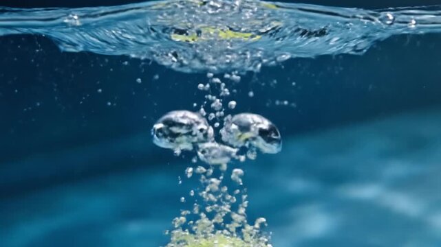Dynamic close-up of a wet yellow tennis ball emerging from deep blue water, splashing droplets flying, fuzzy texture with white stripe visible, high-speed splash effect. Sports water action shot