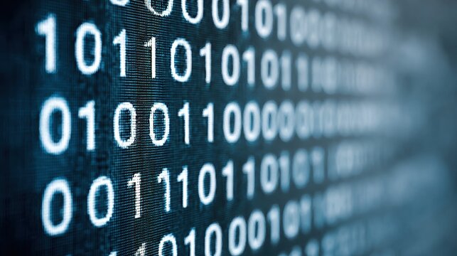 Macro shot of illuminated binary numbers on dark background. Abstract digital code pattern representing software, algorithms, artificial intelligence and modern technology - Powered by Adobe