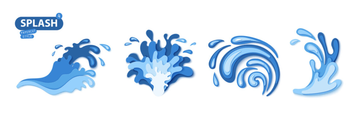 Save water ecology art with 3D papercut wave and splash drops. Sea theme paper cut vector design ideal for Songkran festival or conservation campaigns. Paper art promotes environmental awareness.
