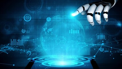A futuristic robot hand interacts with a transparent globe and data visualizations on a tablet, showcasing advanced technology and digital innovation. Xenic - Powered by Adobe