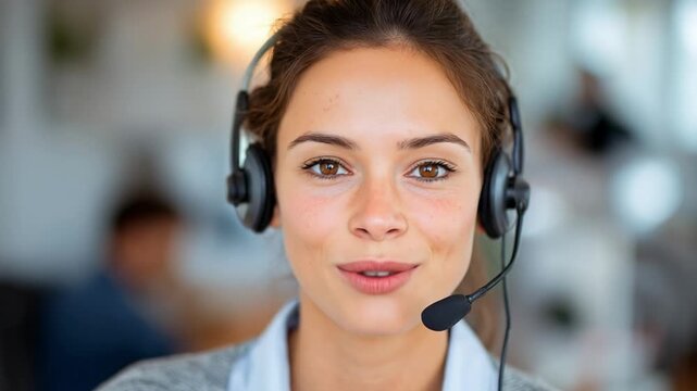 Portrait of a smiling brunette woman with brown eyes wearing black headset, happy customer service representative in modern blurred office background, friendly support professional