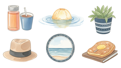 Assorted summer items including a hat, beverage, toast, and potted plant arranged on a clean white background