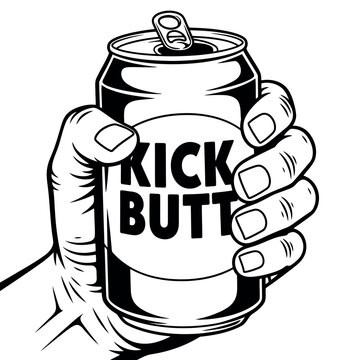 A hand firmly grasping an opened can of kick butt energy drink black and white