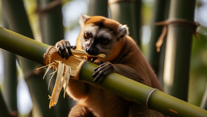 Obraz premium Brown Lemur Eating Bamboo Stalk with Both Hands in a Forest Setting monkey primate