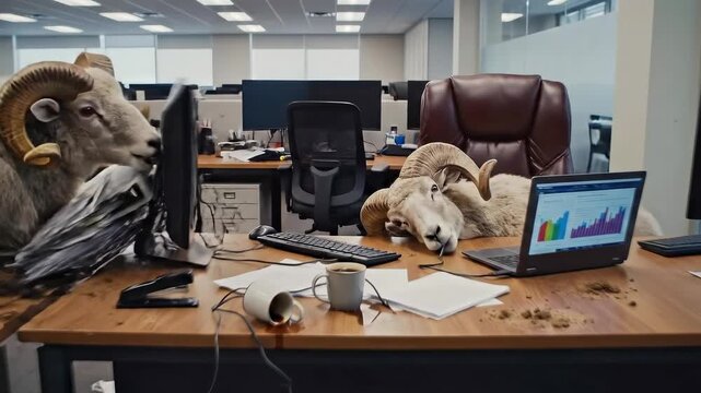 Workplace chaos unleashed, Disorderly office environment displayed, Tumultuous scene of clutter and frantic searching, Messy workspace chaos highlighted with spilled liquids and frantic activity