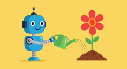 Friendly blue robot carefully watering a bright red flower growing from brown soil with a green can on white background