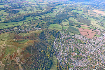 Aerial view of Malvern and the Malvern Hills, England