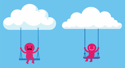 Two stylized happy figures enjoy swinging merrily from fluffy white clouds suspended in the bright blue sky on white background