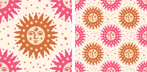 Fototapeta premium Celestial Sun Face Seamless Pattern with Stars in Pink and Terracotta Vector