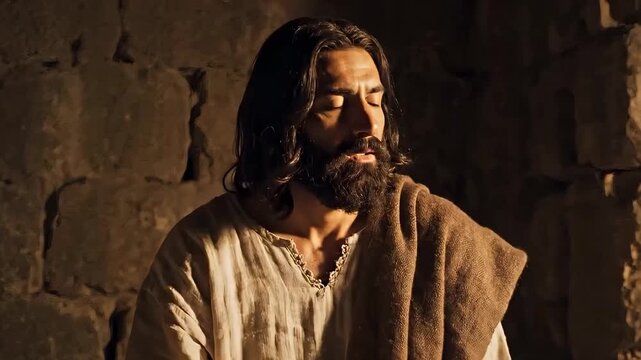 Biblical man resembling Jesus sitting in a dark stone room. Ancient prophet or disciple praying and thinking in a dungeon cell. Religious concept of faith and solitude