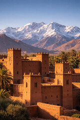 Moroccan adobe kasbah with snow-capped Atlas Mountains in the background