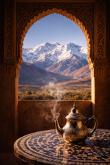 Moroccan mint tea served with view of the snow-capped Atlas Mountains