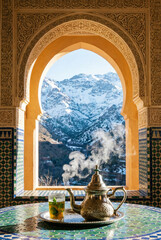 Moroccan mint tea served with view of the snow-capped Atlas Mountains