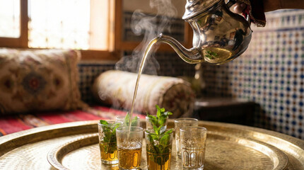 Traditional Moroccan mint tea being poured from ornate teapot