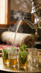 Traditional Moroccan mint tea being poured from ornate teapot