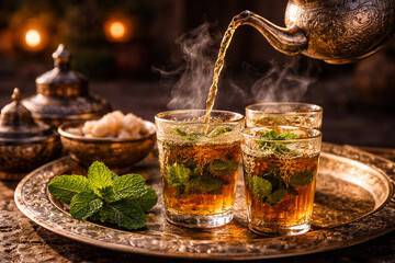 Traditional Moroccan mint tea being poured from ornate teapot