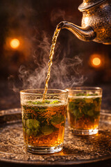 Traditional Moroccan mint tea being poured from ornate teapot