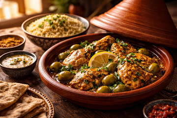 Tajine marocain de poulet au citron et olives vertes