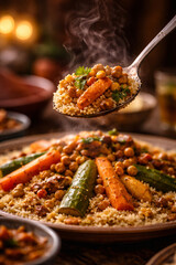 Couscous marocain aux l&eacute;gumes et pois chiches, fumant sur la cuill&egrave;re