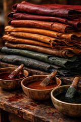 Cuir marocain teint &agrave; la main avec bols de pigments naturels
