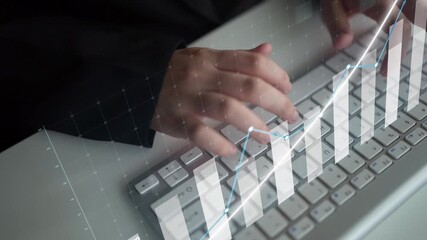 Hands on a keyboard illustrate data input while a financial graph overlay shows trends and growth, emphasizing the intersection of technology and business analysis. Copula - Powered by Adobe