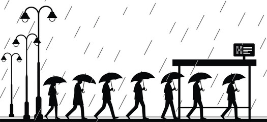 People waiting at bus stop in rain silhouette illustration with umbrellas, black vector urban commuting scene for weather, transport, city life, and daily routine concepts