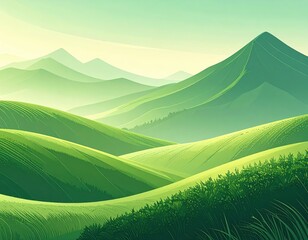 Obraz premium Serene Green Landscape with Rolling Hills and Mountains in Background