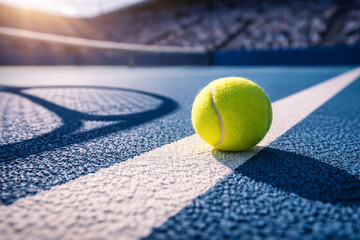 Tennis ball on court line at sunset