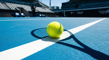 Tennis ball on court line at sunset