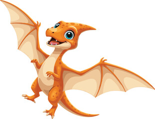 Cute cartoon pterodactyl flying with spread wings, smiling dinosaur character illustration for kids, education, fantasy, prehistoric themes, and mascot design © Hello there