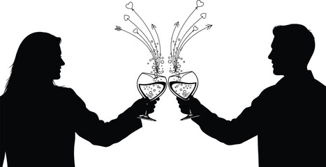 Silhouette of a couple making a romantic toast with champagne glasses sending love hearts into the air above them