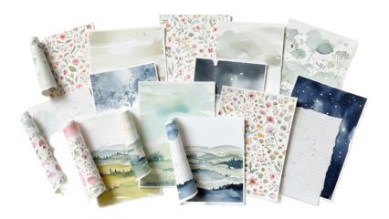 Collection of assorted paper rolls and sheets with various designs and patterns displayed on a white background