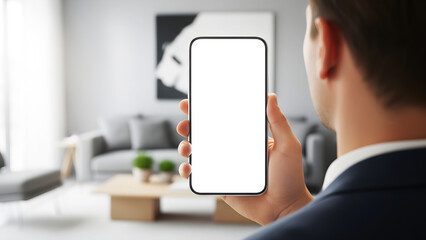 Hand holding mobile phone with blank white screen mockup in modern minimalist interior background, man using smartphone for digital app interface design and smart home technology.
