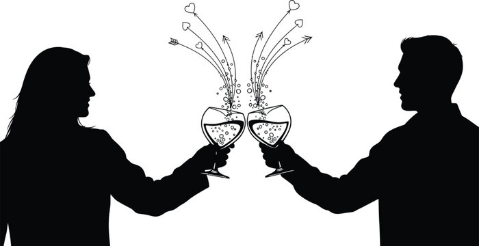Silhouette of a couple making a romantic toast with champagne glasses sending love hearts into the air above them - Powered by Adobe