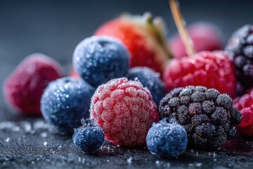 Macro close-up of frozen berries with delicate frost crystals and icy glaze on a dark textured surface