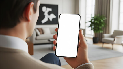 Hand holding mobile phone mockup with blank white screen vertical portrait over shoulder of man in suit in modern office interior for app design presentation digital marketing ads
