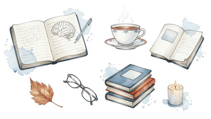 A serene study scene with books, a cup of coffee, and glasses, surrounded by autumn leaves and a candle, evoking a sense of relaxation and contemplation.