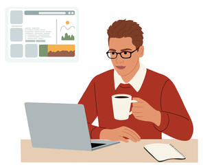 Flat digital illustration of a person in red sweater working from home with laptop, coffee mug, and notebook in a clean, minimalist workspace.
