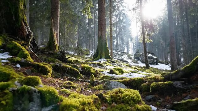 Enchanting mossy forest floor with snow patches among tall tree trunks and roots bathed in soft golden sunlight filtering through canopy, winter woodland magic
