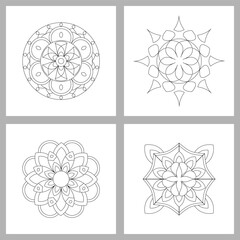 Asian floral mandalas set for adults coloring book. Vector ethnic circular ornaments. Black and white linear illustrations